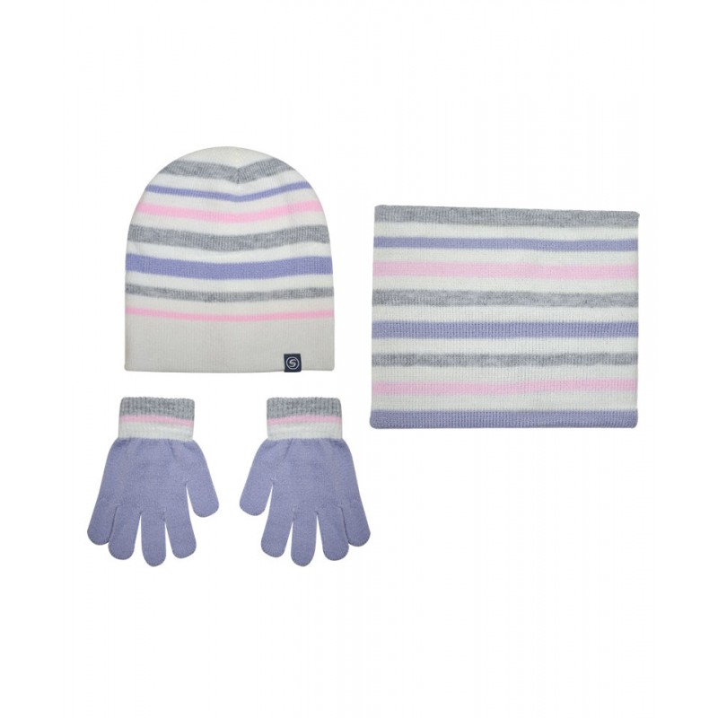 Knitted Hat-Snood-Gloves Striped White
