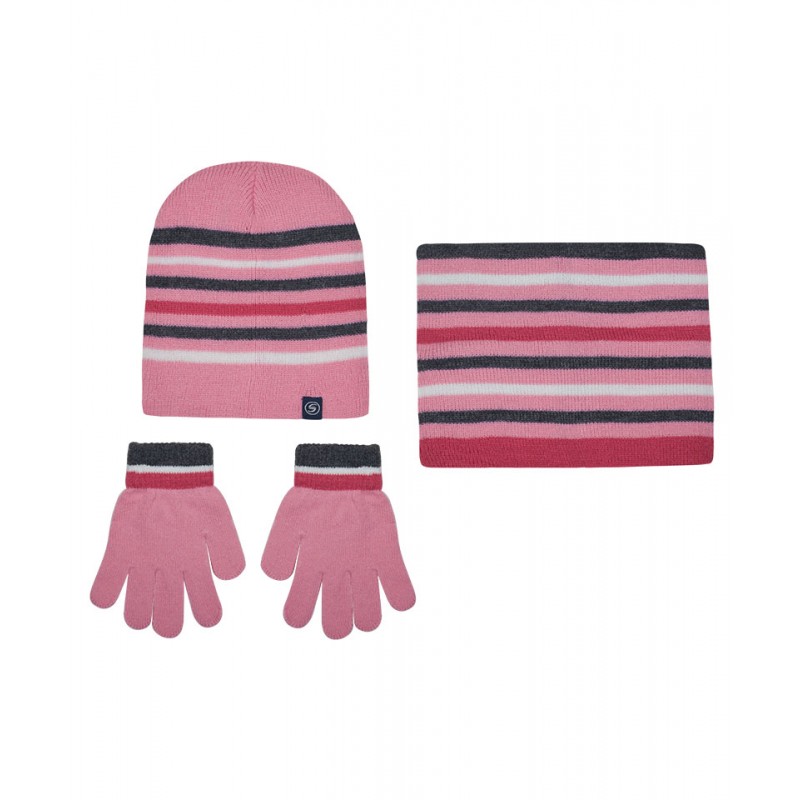 Knitted Hat-Snood-Gloves Striped Pink