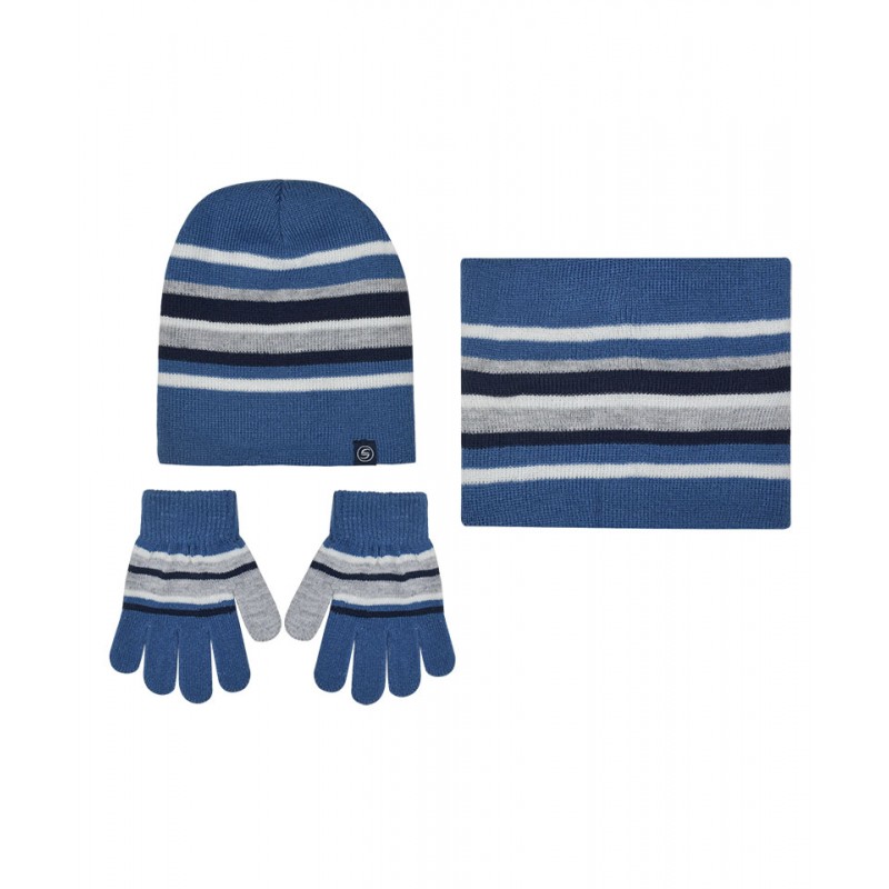 Knitted Hat-Snood-Gloves Striped Blue