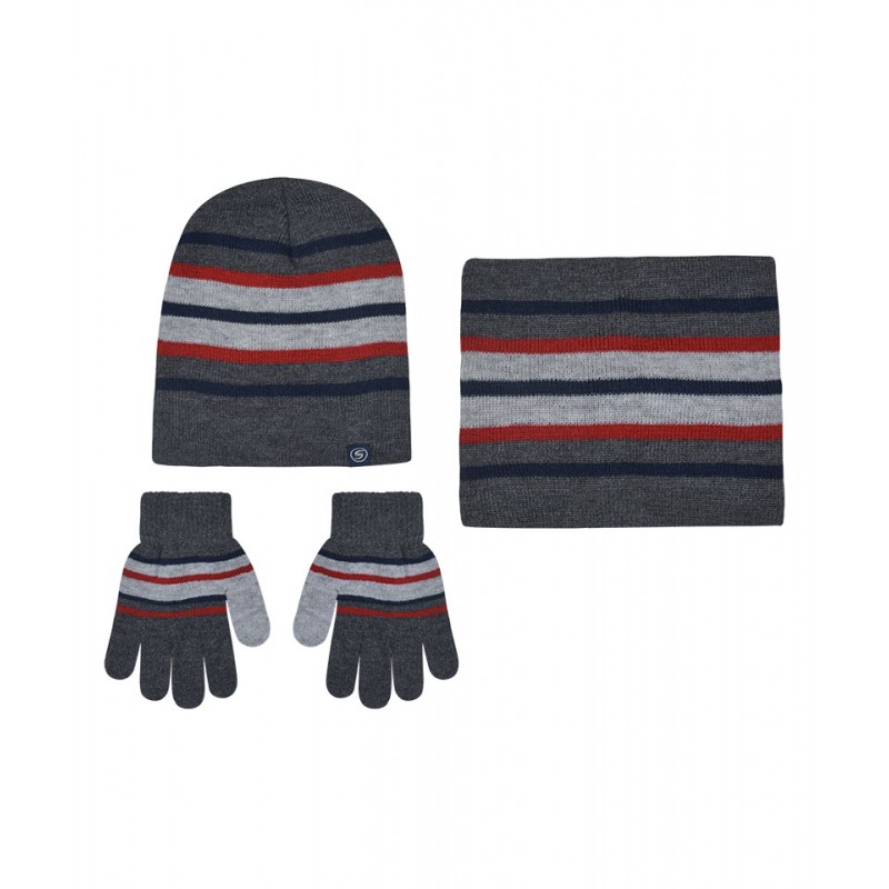 Knitted Hat-Snood-Gloves Striped Grey