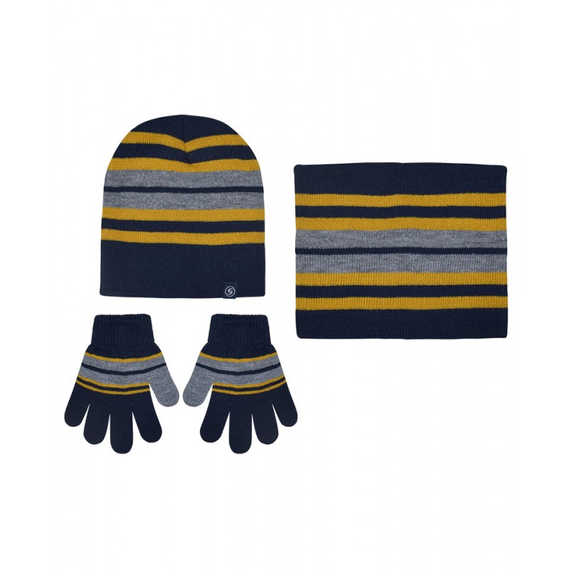 Knitted Hat-Snood-Gloves Striped Dark Blue